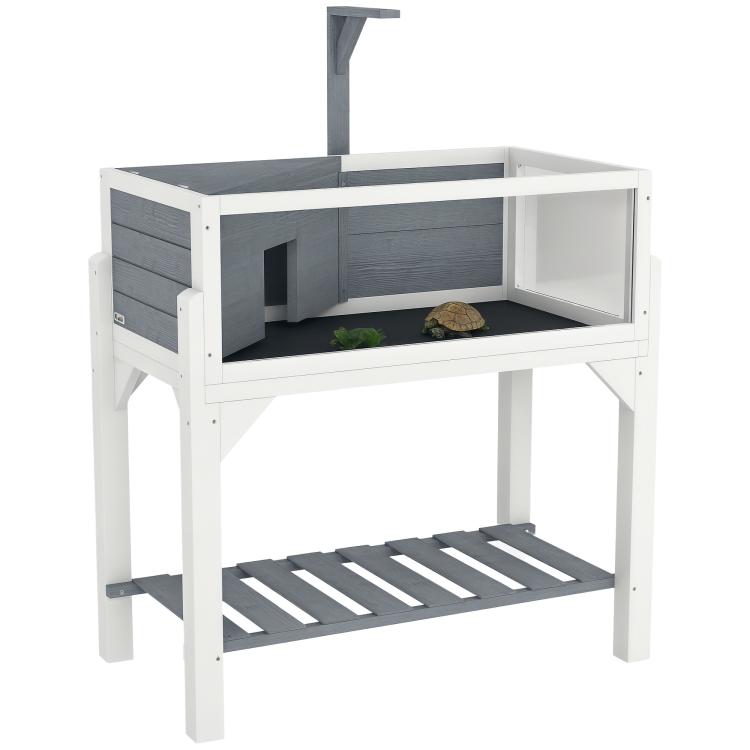 Wooden Tortoise House with Storage Shelf, Clear Observation Windows, Lamp Holder, Openable Top, Built-in Tray, Grey