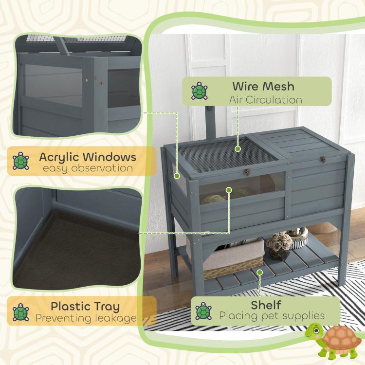 Wooden Tortoise House, with Shelter, Run, Shelf, Lamp Holder, Tray, Grey — view 9