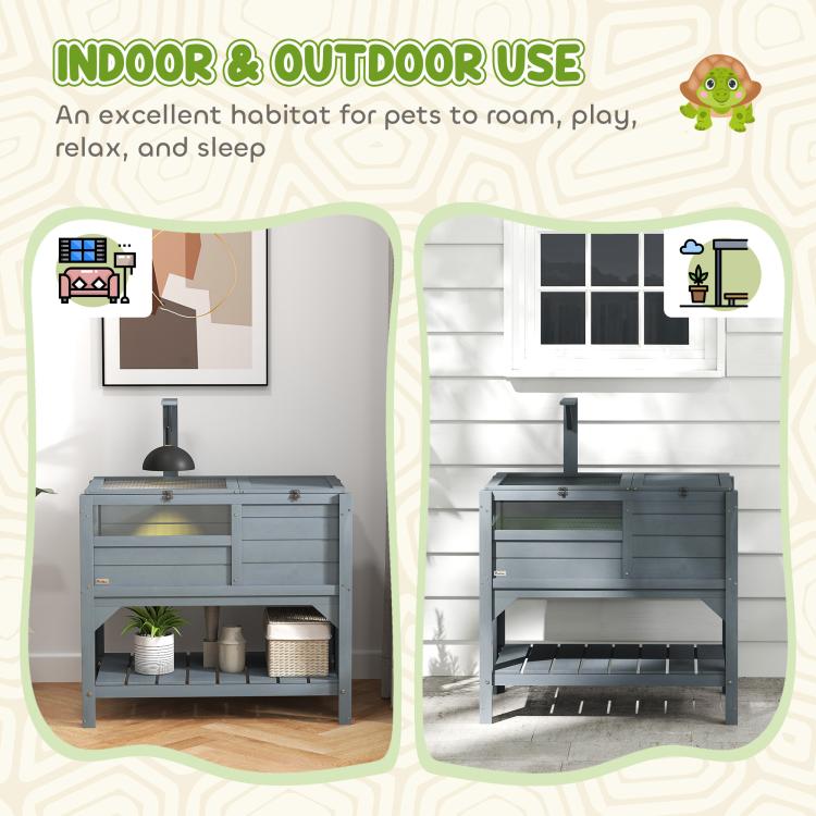 Wooden Tortoise House, with Shelter, Run, Shelf, Lamp Holder, Tray, Grey — view 10