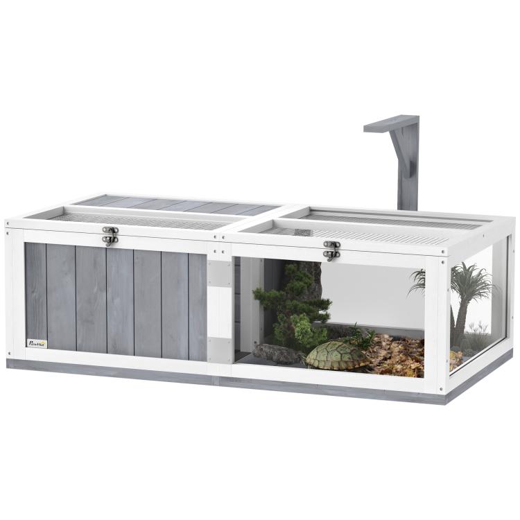 Wooden Tortoise House with Lamp Holder, Clear Windows, Openable Tops, Built-In Tray, Light Grey