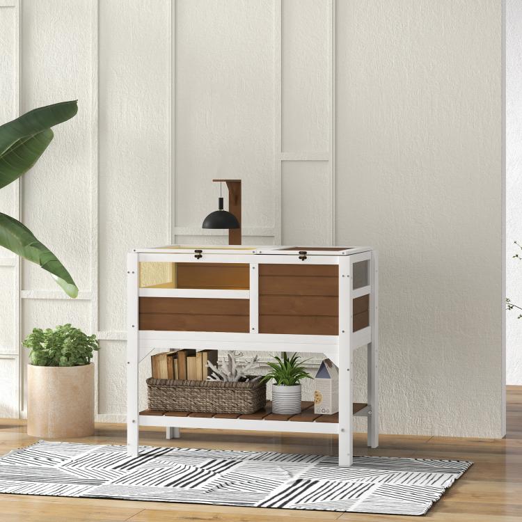 Wooden Tortoise House, with Shelter, Run, Shelf, Lamp Holder, Tray - Brown — view 3