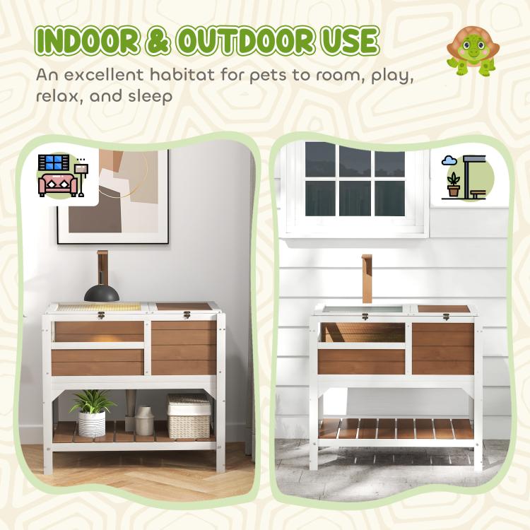 Wooden Tortoise House, with Shelter, Run, Shelf, Lamp Holder, Tray - Brown — view 10