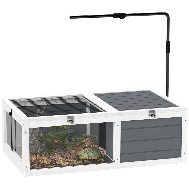 Tortoise Table with Adjustable Lamp Holder, Wooden Tortoise House w/ Openable Lids, Pull-Out Trays - Grey