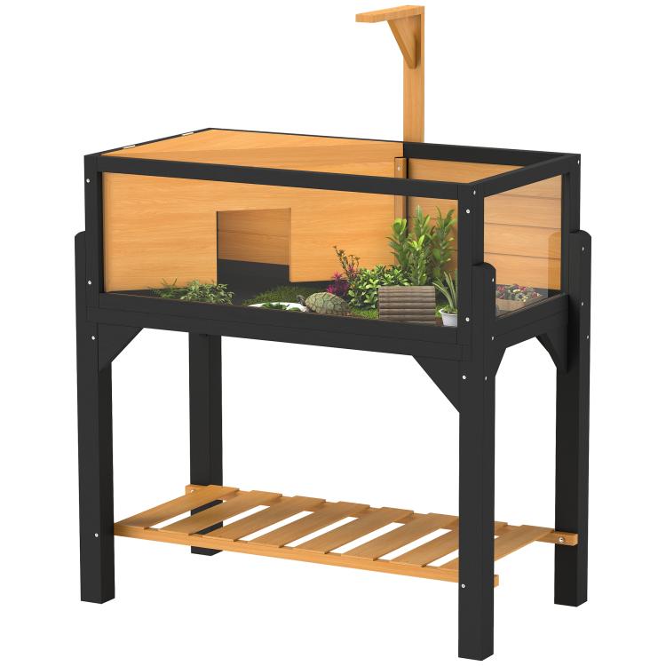 Wooden Tortoise House with Storage Shelf, Clear Observation Windows, Lamp Holder, Openable Top, Built-in Tray, Yellow