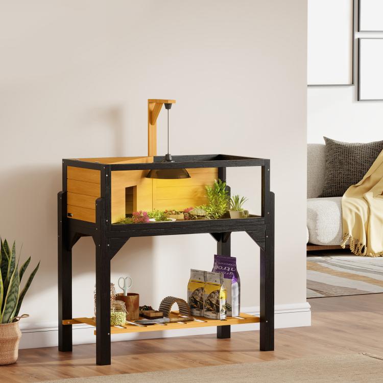Wooden Tortoise House with Storage Shelf, Clear Observation Windows, Lamp Holder, Openable Top, Built-in Tray, Yellow — view 4