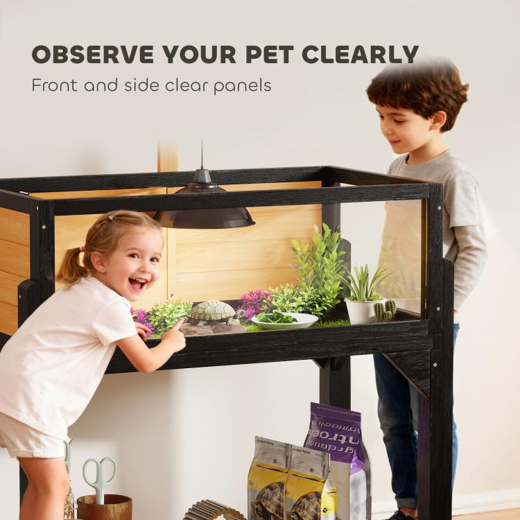 Wooden Tortoise House with Storage Shelf, Clear Observation Windows, Lamp Holder, Openable Top, Built-in Tray, Yellow — view 7