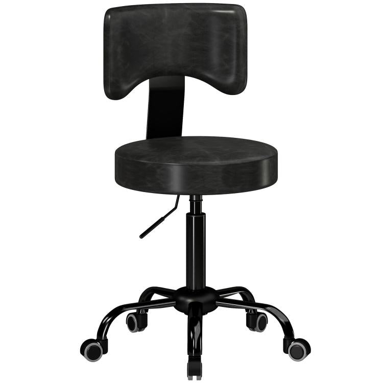 Rolling stool, height-adjustable salon chair made of PU leather with a padded seat, backrest, and casters, black.