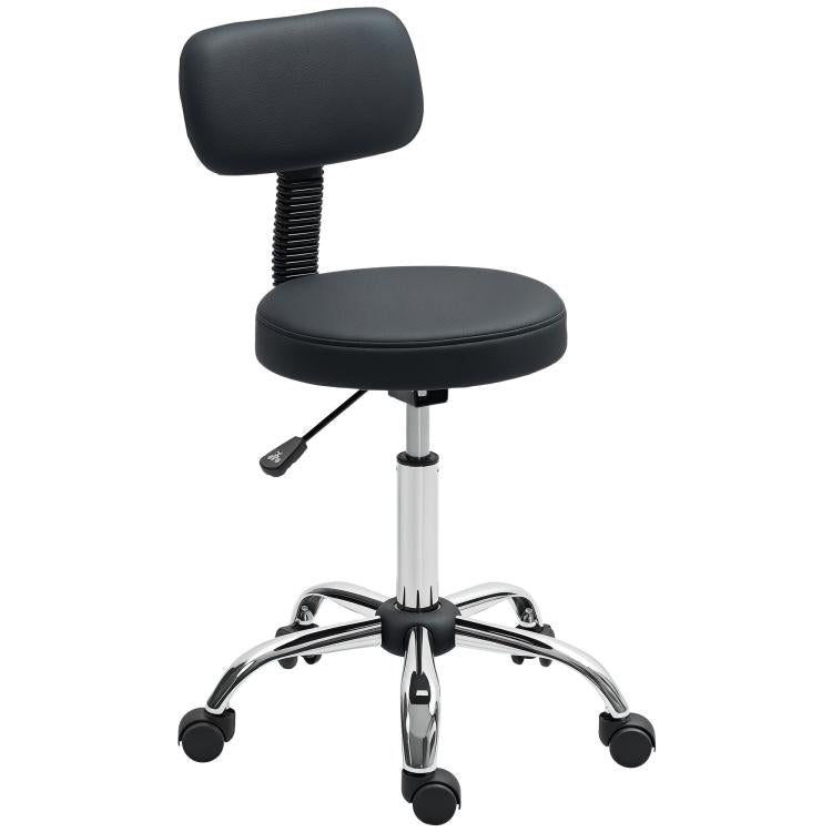 Rolling Stool: Height-Adjustable Swivel Stool with Backrest – Black Faux Leather Swivel Work Stool (46 x 51 x 78–93 cm)