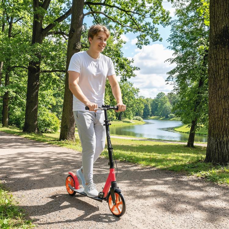 One-click Folding Kick Scooter for 14+ w/ Adjustable Handlebar, Push Scooter with Kickstand, Dual Brake System, Red