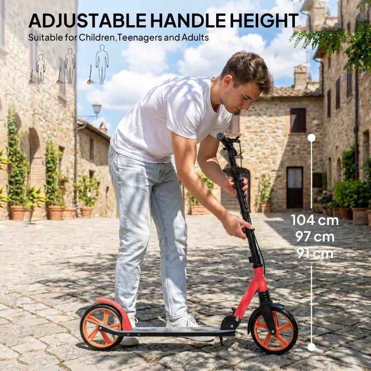 One-click Folding Kick Scooter for 14+ w/ Adjustable Handlebar, Push Scooter with Kickstand, Dual Brake System, Red
