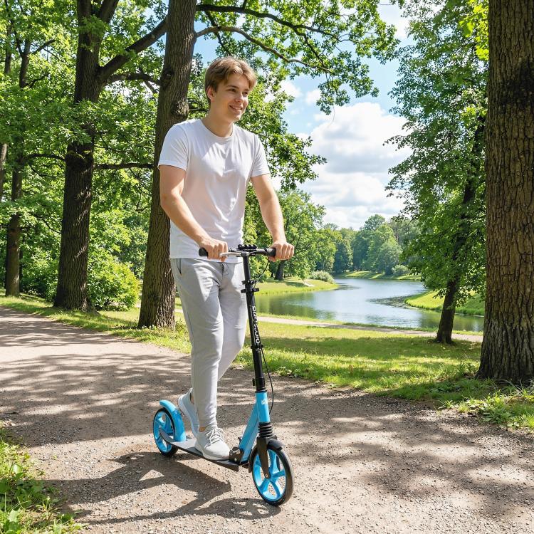 One-click Folding Kick Scooter for 14+ w/ Adjustable Handlebar, Push Scooter with Kickstand, Dual Brake System, Blue