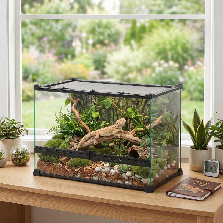 Reptile Glass Terrarium with Stone Background, Front Ventilation, Escape-Proof Knob Lock, 50 x 30 x 35 cm, Black — view 3