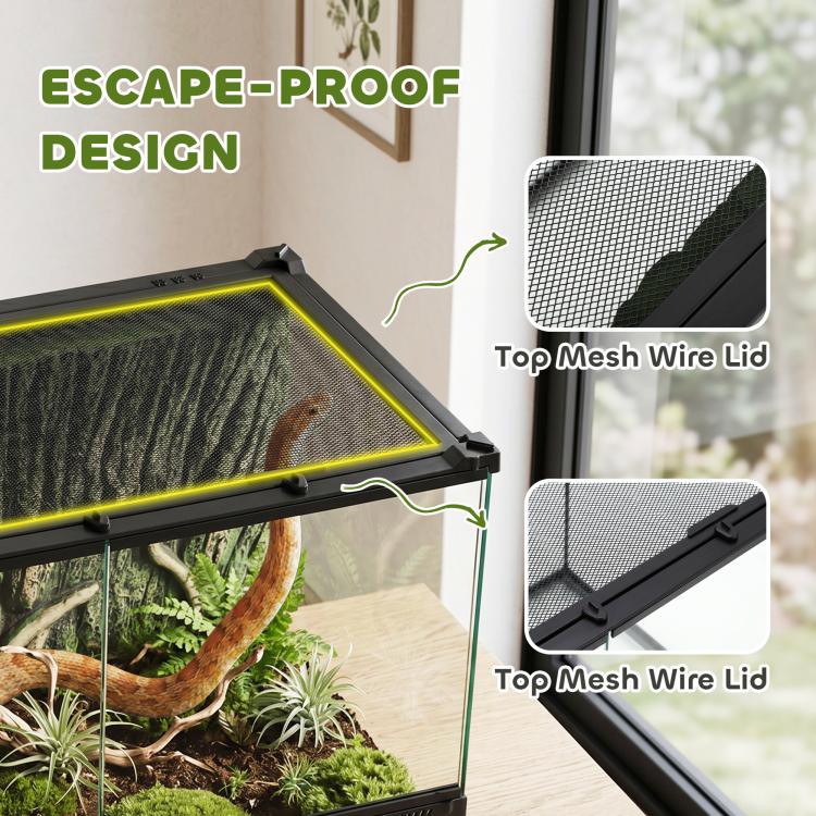 Reptile Glass Terrarium with Stone Background, Front Ventilation, Escape-Proof Knob Lock, 50 x 30 x 35 cm, Black — view 8