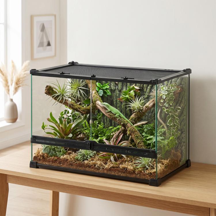 Reptile Glass Terrarium with Stone Background, Front Ventilation, Escape-Proof Knob Lock, 50 x 30 x 35 cm, Black — view 10