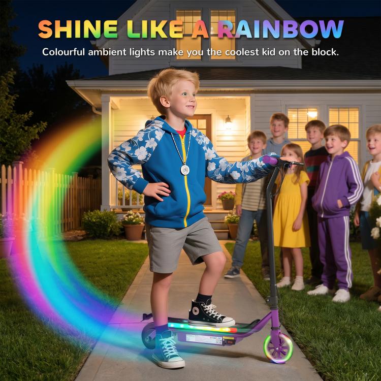 Electric Scooter for Kids Aged 6-14 Years, with Colourful Lights, Purple