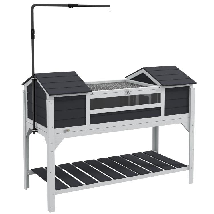 Wooden Tortoise Enclosure w/ Adjustable Lamp Holder, Openable Lid, Dual Main Houses, Storage Shelf, Fixed Tray - Grey — view 12