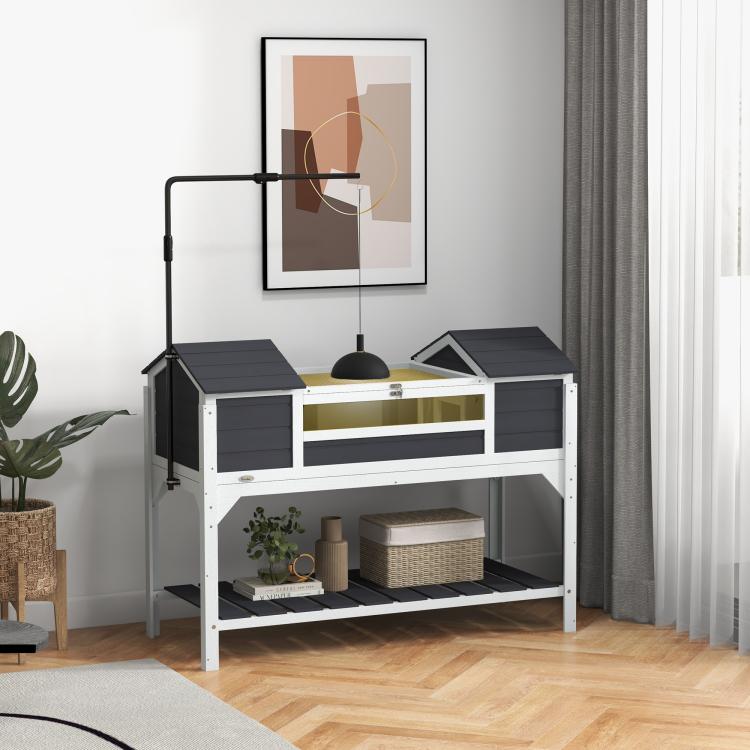 Wooden Tortoise Enclosure w/ Adjustable Lamp Holder, Openable Lid, Dual Main Houses, Storage Shelf, Fixed Tray - Grey — view 3