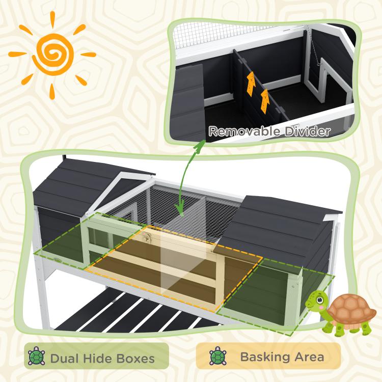 Wooden Tortoise Enclosure w/ Adjustable Lamp Holder, Openable Lid, Dual Main Houses, Storage Shelf, Fixed Tray - Grey — view 6