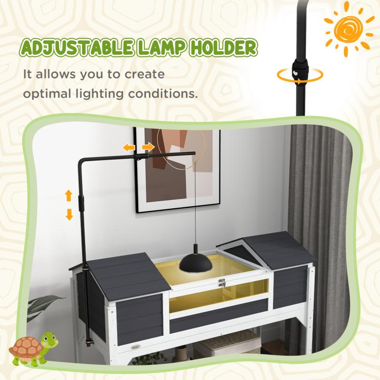 Wooden Tortoise Enclosure w/ Adjustable Lamp Holder, Openable Lid, Dual Main Houses, Storage Shelf, Fixed Tray - Grey — view 7