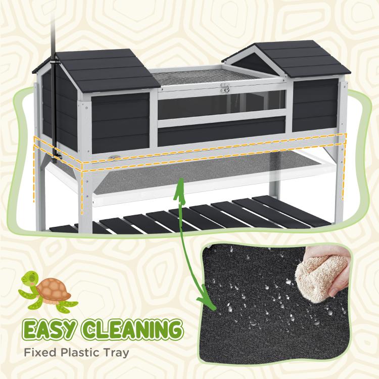 Wooden Tortoise Enclosure w/ Adjustable Lamp Holder, Openable Lid, Dual Main Houses, Storage Shelf, Fixed Tray - Grey — view 8