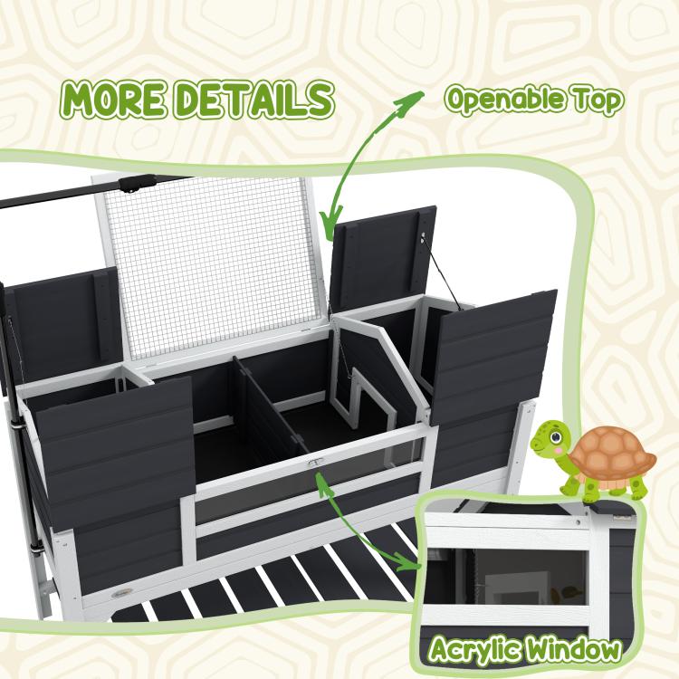 Wooden Tortoise Enclosure w/ Adjustable Lamp Holder, Openable Lid, Dual Main Houses, Storage Shelf, Fixed Tray - Grey — view 10