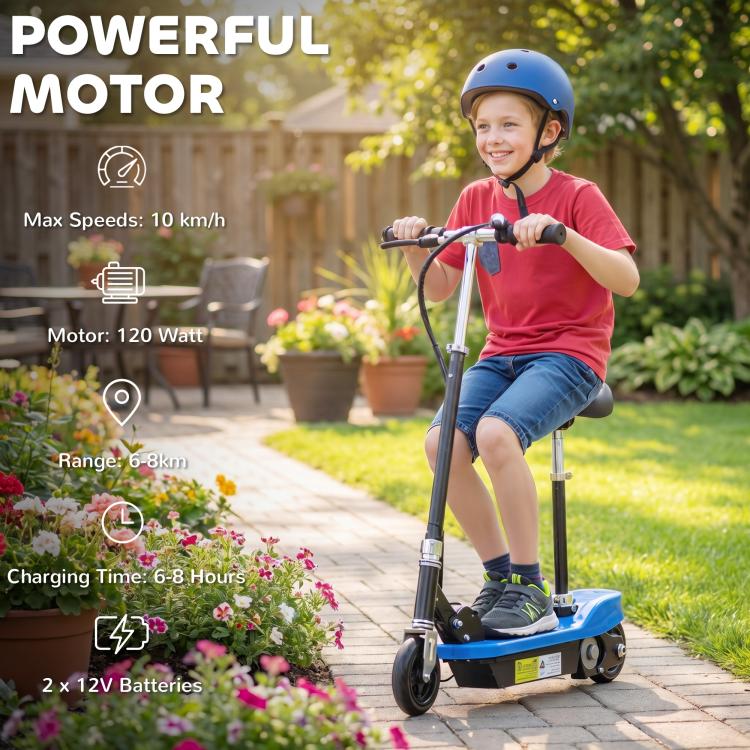 Powered Electric Scooter Ride-On, with Brakes, Adjustable Seat, Adjustable Handlebars, Blue