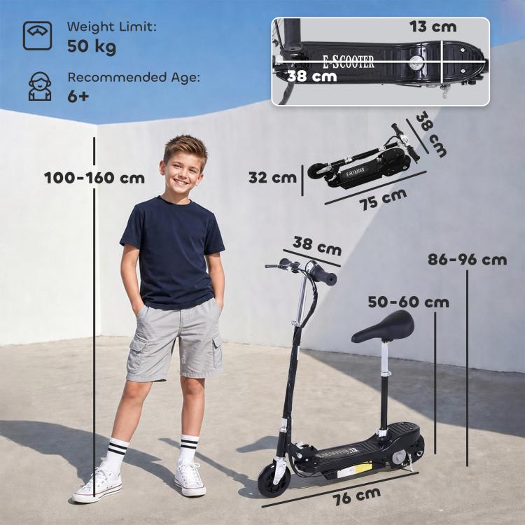Powered Electric Scooter Ride-On, with Brakes, Adjustable Seat, Adjustable Handlebars, Black