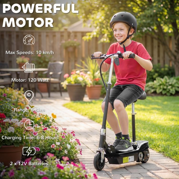 Powered Electric Scooter Ride-On, with Brakes, Adjustable Seat, Adjustable Handlebars, Black