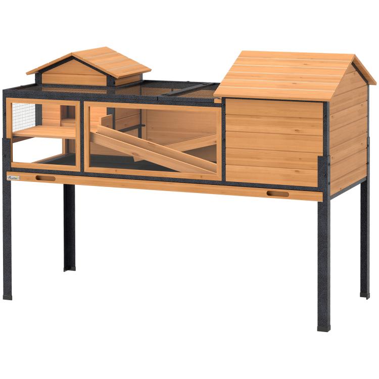 Wooden Tortoise House with Stand Legs, Clear Observation Windows, Ramps, Openable Top, Built-in Tray, Yellow — view 2