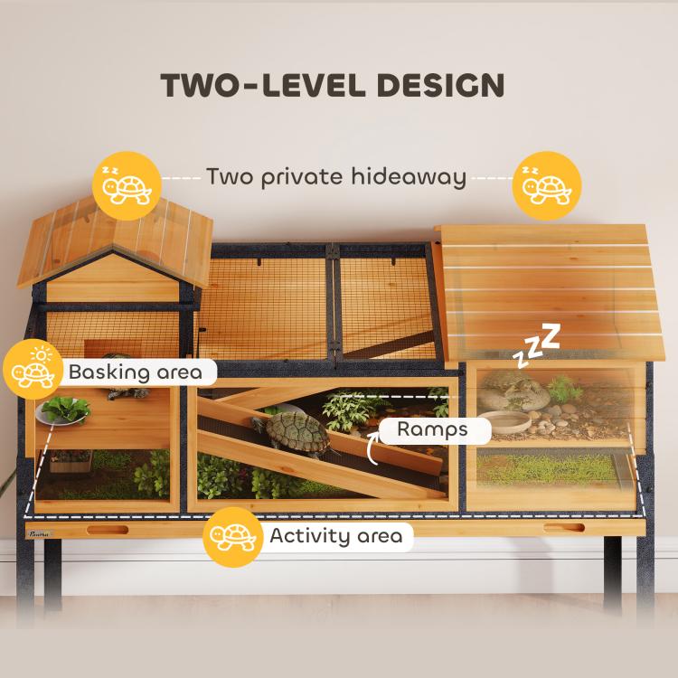 Wooden Tortoise House with Stand Legs, Clear Observation Windows, Ramps, Openable Top, Built-in Tray, Yellow — view 6