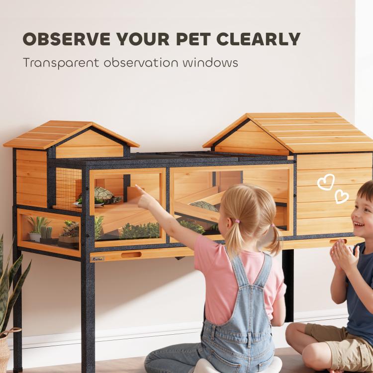 Wooden Tortoise House with Stand Legs, Clear Observation Windows, Ramps, Openable Top, Built-in Tray, Yellow — view 7