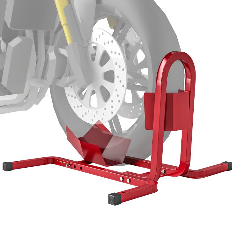 Adjustable metal motorcycle front wheel stand (red) for 17–21 inch wheels (430–530 mm)