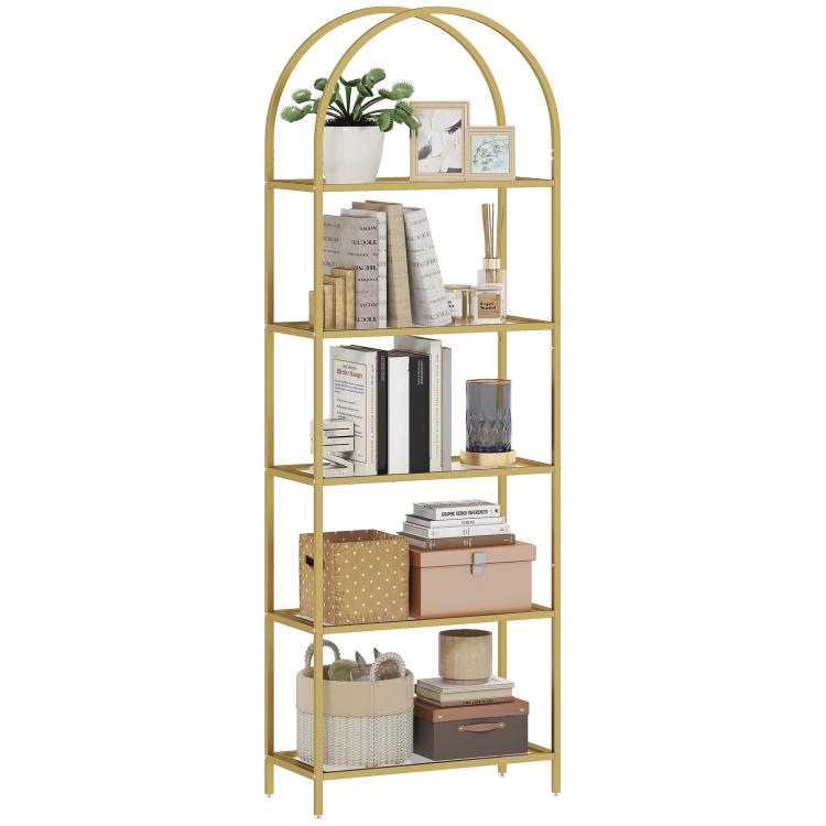 Estantería de Vidrio de 5 Niveles Estantería Almacenaje Estructura Arqueada Librería Estrecha 60x30x175 cm Dorado