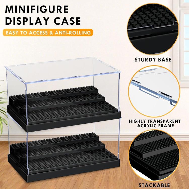 Minifigures Figure Display Case - 3-Tier Clear Acrylic Dustproof Black, Grey