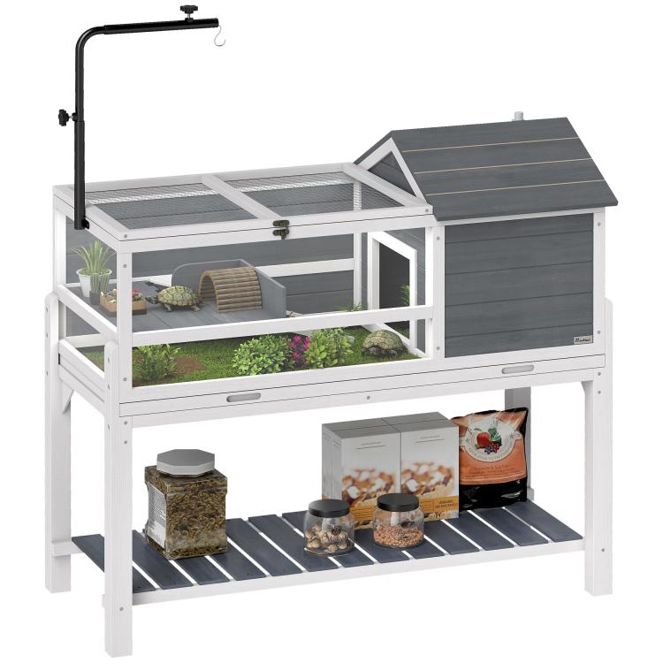 Casa para Tortugas de Madera con Soporte para Lámpara Ajustable Techos Abatibles Bandeja Extraíble y Estante Inferior