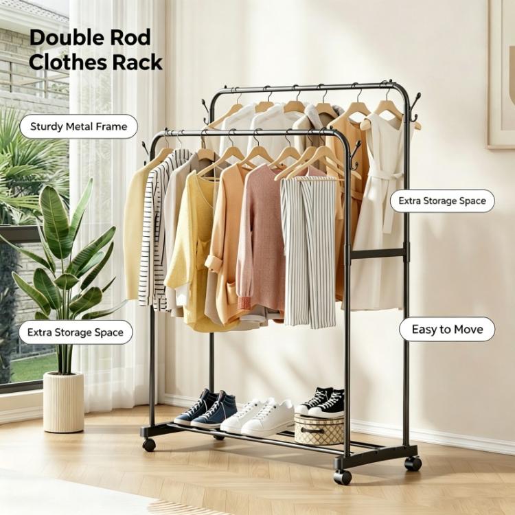 Movable Metal Clothes Rail Storage Garment Shelf Hanging Display Stand Rack