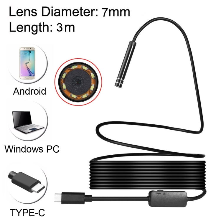 AN97 USB-C / Type-C Endoscope Waterproof IP67 Tube Inspection Camera with 8 LED & USB Adapter, Lens Diameter: 7mm, Length: 3m