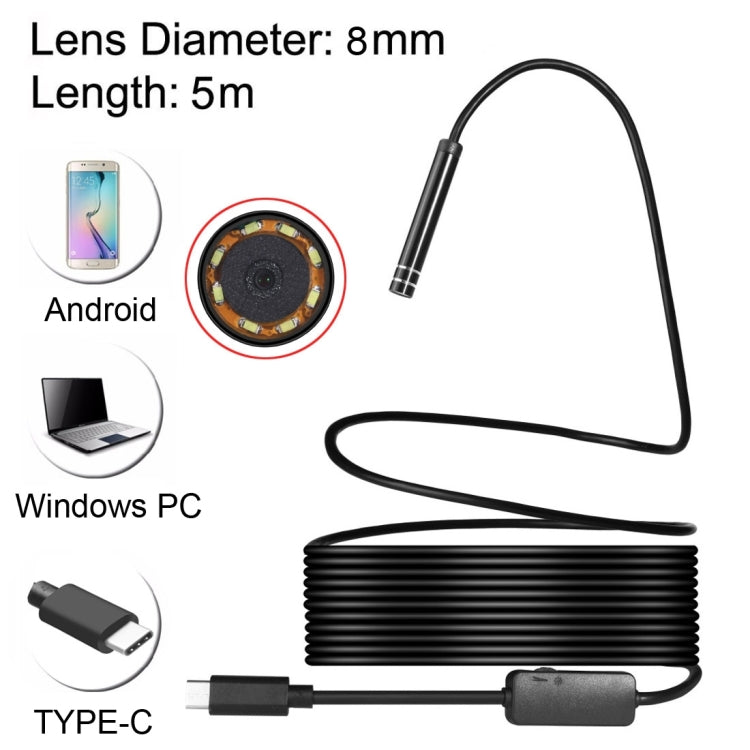 AN97 USB-C / Type-C Endoscope Waterproof Tube Inspection Camera with 8 LED & USB Adapter, Lens Diameter: 8mm, Length: 5m