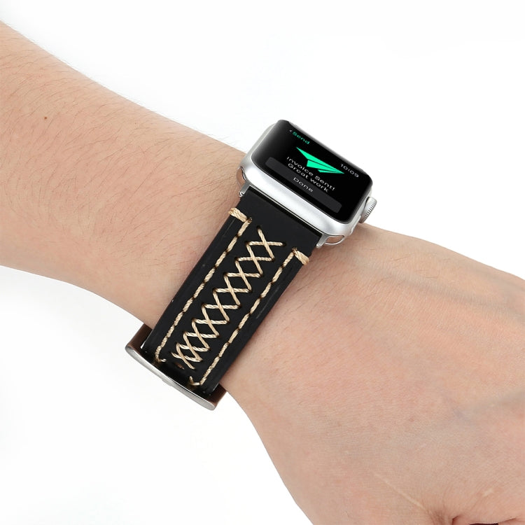 For Apple Watch Ultra 49mm&Watch Ultra 2 49mm / Series 10 46mm / 9&8&7 45mm / SE 3&SE 2&6&SE&5&4 44mm / 3&2&1 42mm Manual Line Pattern Genuine Leather Wrist Watch Band