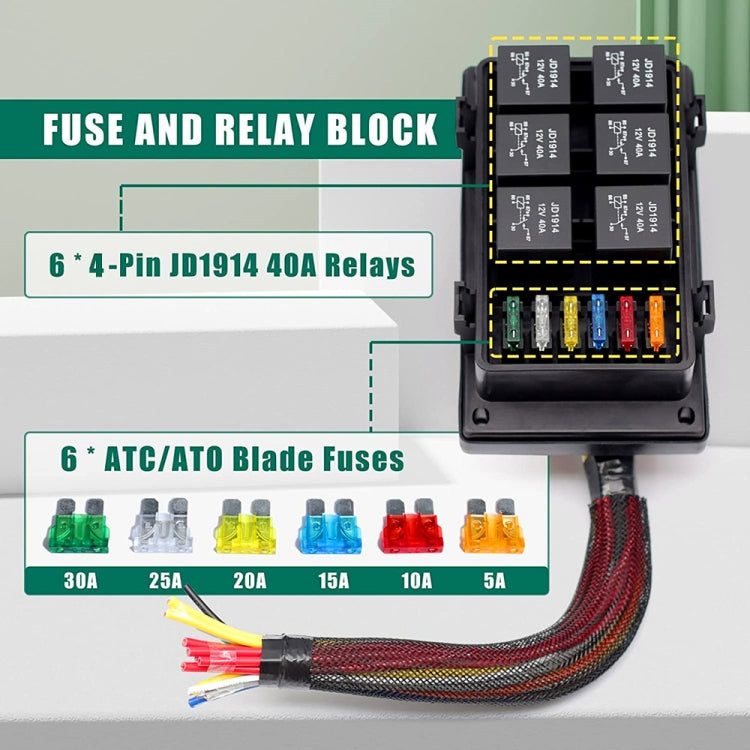 Car 6 Slots Waterproof Relay Fuse Box with Cable, 12V 4 Pin