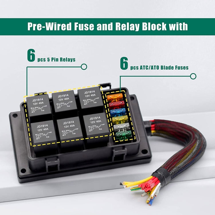 Car 6 Slots Waterproof Relay Fuse Box with Cable, 12V 5 Pin