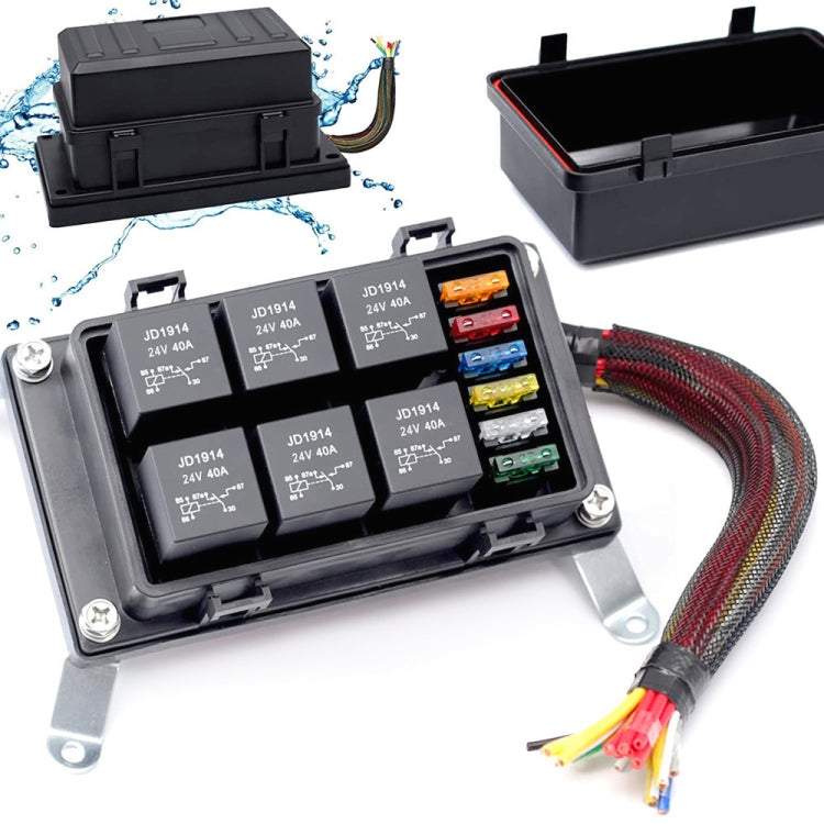 Car 6 Slots Waterproof Relay Fuse Box with Cable, 24V 5 Pin