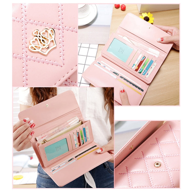 Fashion Argyles Texture Metal Crown 3-Folding Long Design PU Leather Wallet Coin Purse for Women