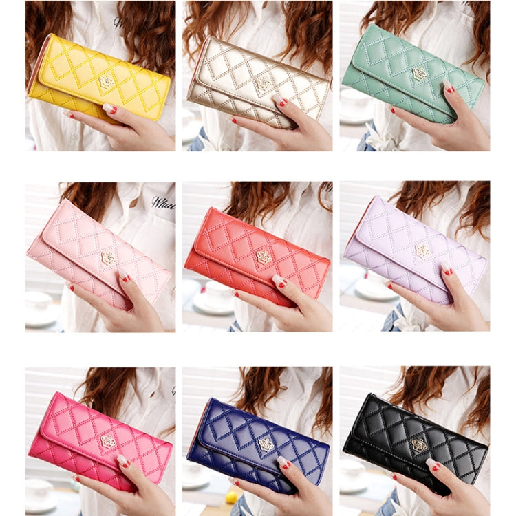 Fashion Argyles Texture Metal Crown 3-Folding Long Design PU Leather Wallet Coin Purse for Women