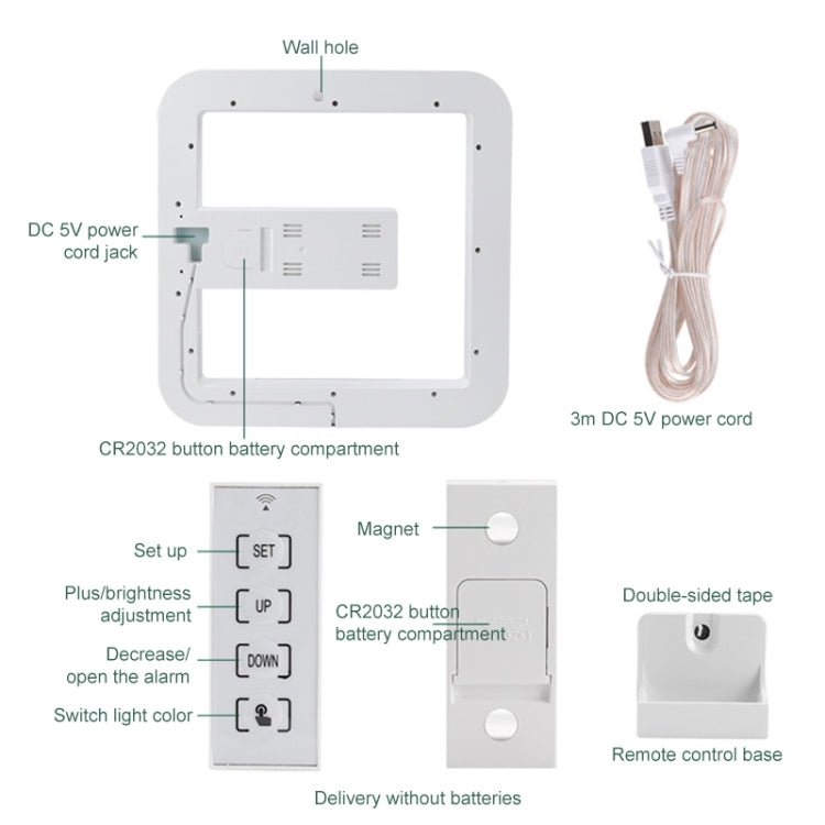 TS-S28-W Multifunctional Square RGB Thermometer Digital Alarm Clock LED Mirror Hollow Wall Clock