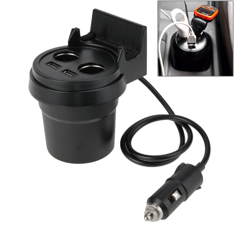 Two USB Ports & Two Car Cigarette Lighter Socket Car Charger with Holder Function, 5V 1A+2.4A