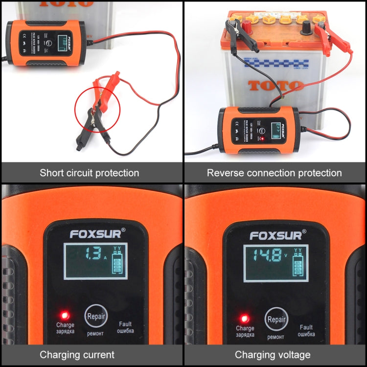 FOXSUR 12V 6A Intelligent Universal Battery Charger for Car Motorcycle, Length: 55cm, EU Plug