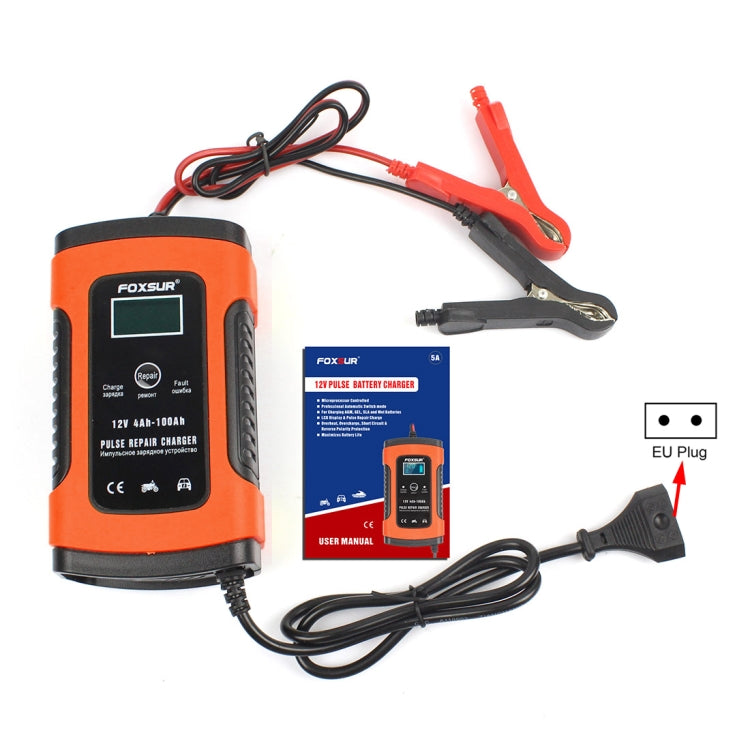 FOXSUR 12V 6A Intelligent Universal Battery Charger for Car Motorcycle, Length: 55cm, EU Plug