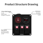 Multi-functional Combination Switch Panel 12V / 24V 3 Way Switches + Dual USB Charger for Car RV Marine Boat
