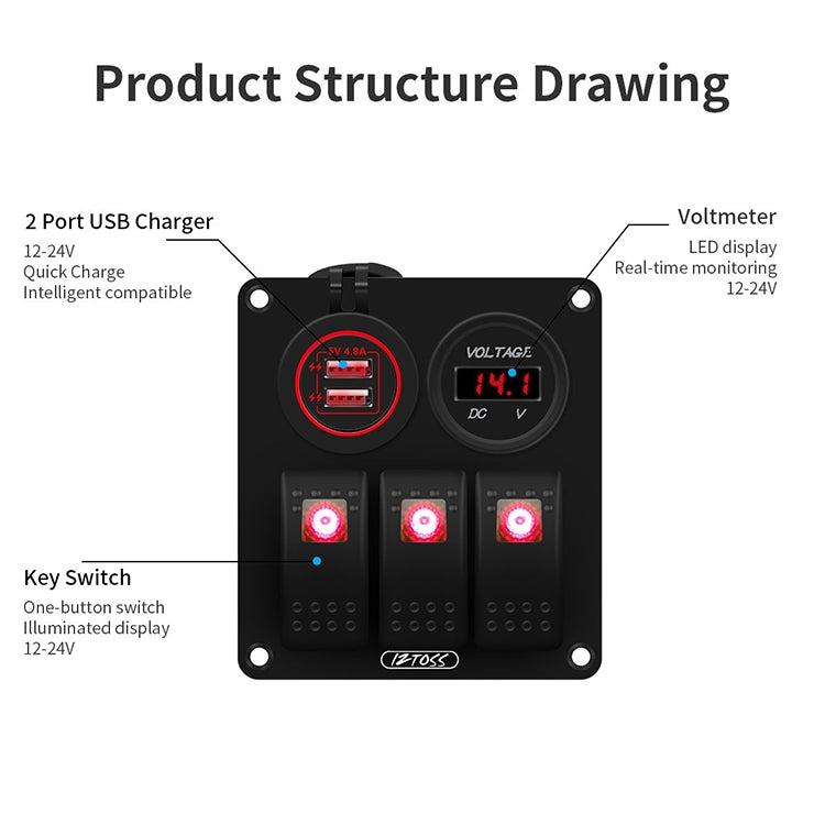 Multi-functional Combination Switch Panel 12V / 24V 3 Way Switches + Dual USB Charger for Car RV Marine Boat